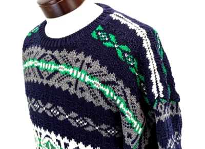Vtg 90s GAP Men's Sweater FAIR ISLE Blue Green Gray Cotton HONG KONG Size L EUC* - Image 1 of 4