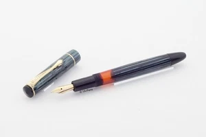 Soennecken 103 blau-gestreiftes Zelluloid Kolbenfüllhalter flex 14K OM Goldfeder - Picture 1 of 5
