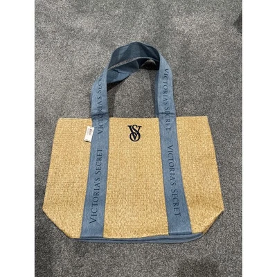 Victoria's Secret Straw Tote Bag Blue Denim Straps VS Logo Beach Travel - Image 1 of 4