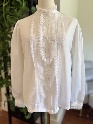 Blusa Top Camisa Volantes Talla 12 M Vintage Dama Vacaciones Blanco Encaje Foto 1 de 4
