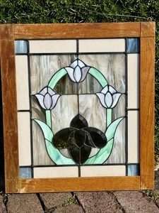Victorian Multicolor Stained CUT & Leaded Glass Transom Window Panel Framed - Picture 1 of 14