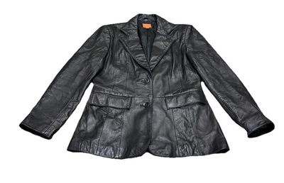 Anonymous by John Carlisle Women's Black Leather Blazer 2 Button Jacket Size Med - Image 1 of 4