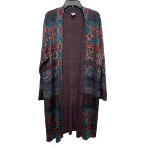 Chicos Womens Duster Cardigan Size 4 US XXL Green Maroon Aztec Print Open Artsy - Picture 1 of 6