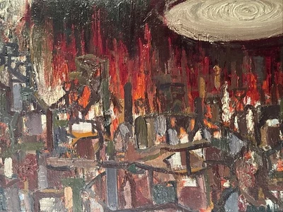 ROBERT MCCHESNEY PAINTING INDUSTRIAL MILLS AT NIGHT ABSTRACT EXPRESSIONISM 1955 - Image 1 of 2