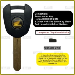 Transponder Key For Honda CBR300R 2016 Blank Key With Clonable Chip Inside - Bild 1 von 2