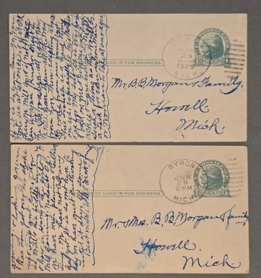 BYRON MICHIGAN 1925 Lot of 2x Postal Cards / Letters to B.B. Morgan HOWELL MI  - Image 1 of 2