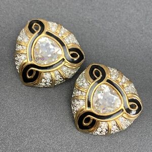 Large Black Enamel Clear Pave Crystal Signed Swarovski Clip Earrings Gold