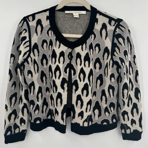 Diane Von Furstenberg Cardigan Sweater Women M Gray Animal Print Knit Open Front - Picture 1 of 10
