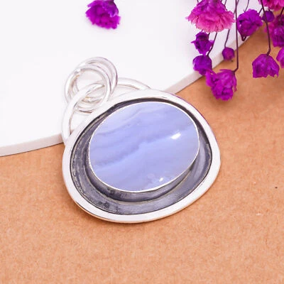 Colgante de plata de ley 925 maciza con piedras preciosas de ágata de encaje azul increíble joyería V8118 Foto 1 de 4