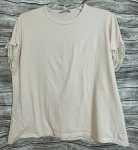 Zara M Pink T-Shirt Pearl Fringe Sleeves Top - Picture 1 of 5