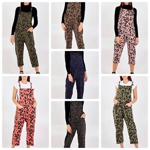 New Ladies women Leopard Print Jersey Dungaree Jumpsuits One Size (8-18) BNWT