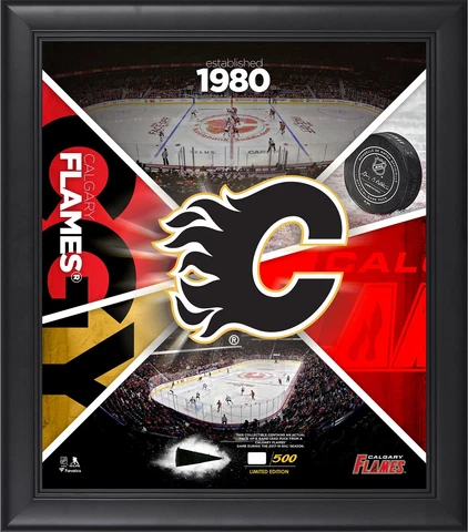 Calgary Flames Framed 15" x 17" Team Impact Collage with a Piece of GU Puck Cover