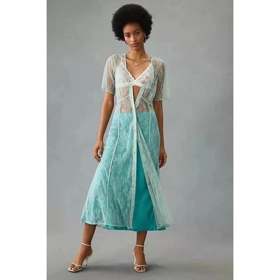 By Anthropologie Sheer Lace Buttondown Midi Dress Floral Romantic Size Med- Mint - Image 1 of 4