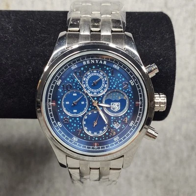 Reloj cronógrafo fase lunar esfera azul para hombre By BENYAR By-5122m  Foto 1 de 4