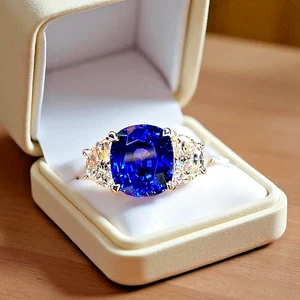 950 Platinum Ring 6.00 Ct Cushion Blue Sapphire & Lab Grown Diamond Wedding Ring - Picture 1 of 9