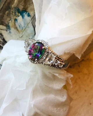 NUEVO 8x6mm Genuino Místico Topacio Verde y Blanco Danzante Anillo Luz, Platino Talla 5 Foto 1 de 4