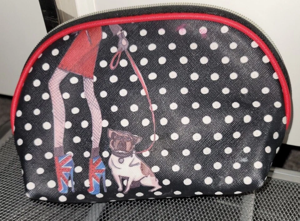 IZAK NEW YORK UK BOOTS GIRL WITH DOG POLKA DOT ZIPPERED COSMETIC MAKEUP BAG - Image 1 of 3