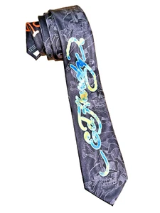 Ed Hardy by Christian Audigier Silk Tie Graphic Gray Hardy Logo Image Neckwear - Picture 1 of 7