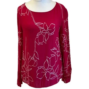 Women's NEXT Size 12 Red White Floral Flower Scoop Neck Long Sleeve Blouse Top - Picture 1 of 7