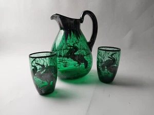 Emerald Green Glassware W Silver Over Lay Pitcher Set 4 Glasses Elegant Dinning - Picture 1 of 7