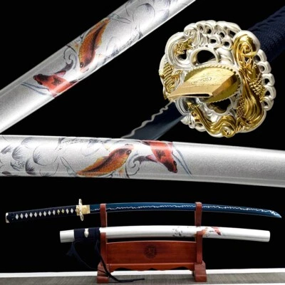Espada afilada samurai japonesa hoja azul acero katana pez koi/plateado 40"" Foto 1 de 4
