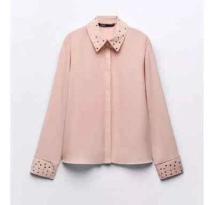 ZARA 3564 194 Light Pink Flowy Long Sleeve Mirror Appliques Shirt Blouse S BNWT - Picture 1 of 7