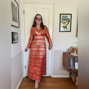 70s Vintage Alice California Red and Gold Hostess Dress - Picture 1 of 7