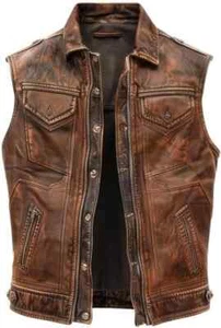 Men's Biker Vintage Brown Vintage Real Leather Motorcycle Vest Jacket - Picture 1 of 4