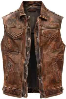 Men's Biker Vintage Brown Vintage Real Leather Motorcycle Vest Jacket - Image 1 of 4