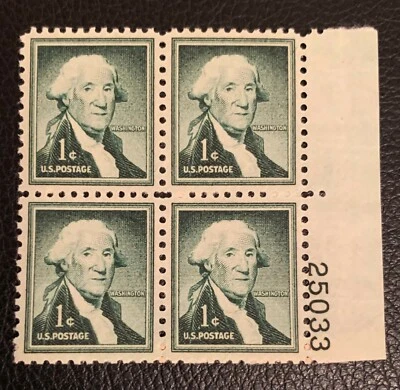 1954 UNITED STATES SCOTT #1031 GEORGE WASHINGTON GREEN PLATE BLOCK OF 4 MNH VF - Image 1 of 3