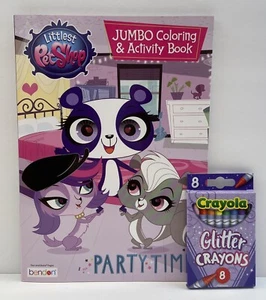 New 2 Pc Set Littlest Pet Shop Jumbo Coloring & Activity Book & Glitter Crayons - Picture 1 of 12