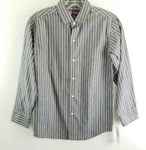 Chaps Kids Boys Button Front Shirt Gray Striped Long Sleeves Cotton Blend M New - Picture 1 of 4
