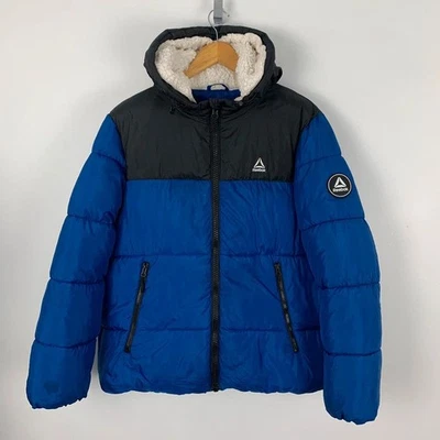 Reebok Puffer Jacket Large Blue Black Hooded Zip Up Winter Coat Sportswear - Image 1 of 4