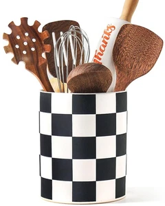 Utensil Holder,7.2 Inch Checkered Utensil Holder, Ceramic Cooking Utensil Spo... - Picture 1 of 9
