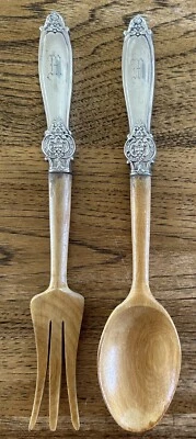 "Juego de servir ensalada de madera y plata esterlina Webster vintage tenedor cuchara 11"" de largo" Foto 1 de 4