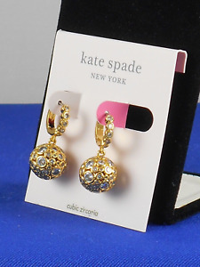 Kate Spade ON THE DOT Gold Clear CZ Pave' Sphere Drop Huggie Hoop Earrings $68