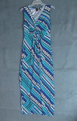 Vestido Rafaella Feminino Pequeno Azul Geométrico Sem Mangas Maxi Resort Praia Sexy - Imagem 1 de 4