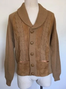 Lord James Vintage Cable Knit Cardigan Leather Suede Trim 70's Medium - Picture 1 of 5