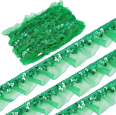 Tela de encaje plisada elástica malla reunida lentejuelas organza verde lima 13Yds T Foto 1 de 4
