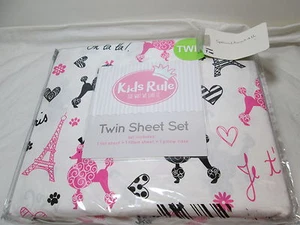 Kids Rule EIFFEL TOWER HEART OH LA LA Poodles Twin Sheet Set ~Pink, Black, - Picture 1 of 7