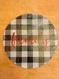 Handmade Textured Tempered Glass 8" Round FAMILY Black Check Cutting Board  - Picture 1 of 1