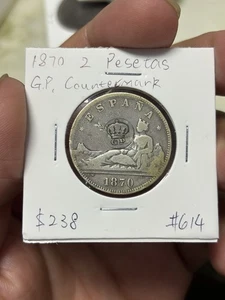 1887 Azores G.P. Countermark C/S 1870 Spanish Silver 2 Pesetas Coin - Picture 1 of 2