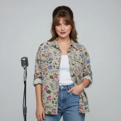 Camisa Lizwear Floral Abotonada Rayón Manga Larga Beige Rosa Azul Talla M Foto 1 de 4