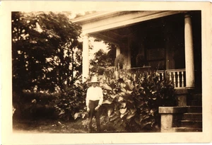 Man Standing by Large Porch with Columns, Early 1900s Home Architecture, Sepia P - Picture 1 of 2
