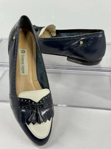 Etienne Aigner dunkelblau weiß Slipper Leder Loafer Schuhe Quaste Vintage Gr. 5,5 - Bild 1 von 11