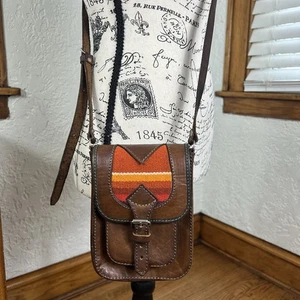 Borsa a tracolla ARTESIANA FATTA A MANO indigena pelle marrone tessuto sud-ovest BOHO - Foto 1 di 16
