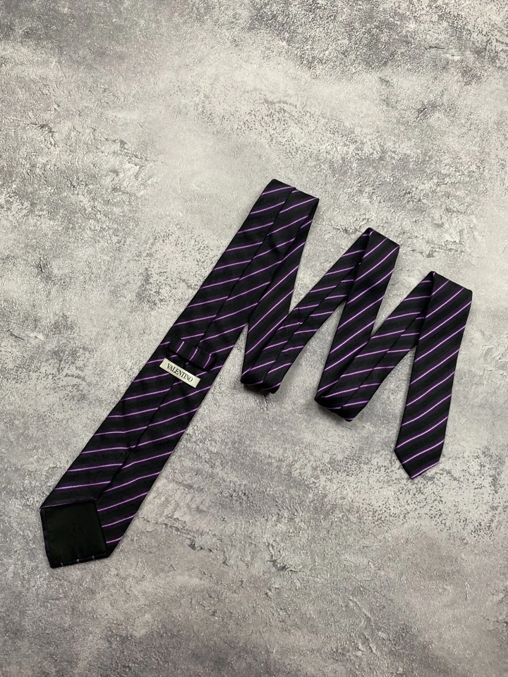 VALENTINO Men's 100% Silk Necktie LUXURY Purple Black Striped Tie Made in Italy - Image 1 of 4