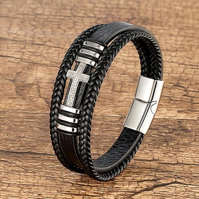 Pulsera Cruz Cuero Negro Banda Cuerda Tejida Circonita Hombres Mujeres Acero Inoxidable Foto 1 de 4