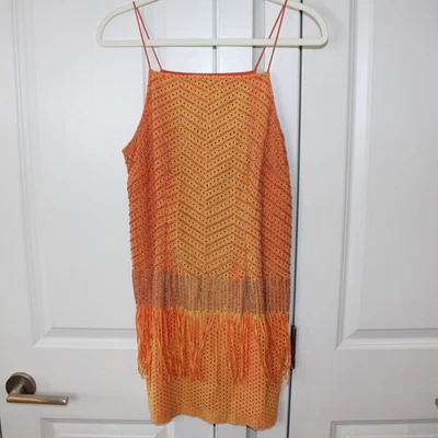 NICOLE MILLER Artelier Orange Fringe Slip Dress | Small - Image 1 of 4