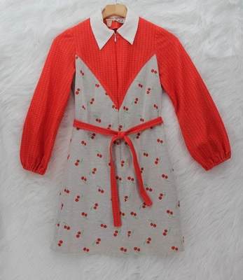 Vtg Mod 60s 70s PBJ Petites Mini Dress Sz 7 Cherry Red Long Puff Sleeves #159 - Image 1 of 4